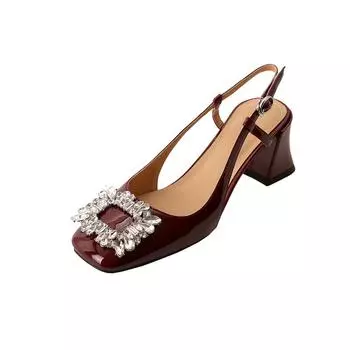 Весенне-летние женские пустые сандалии из овечьей лакированной кожи на толстом высоком каблуке с квадратным носком и спиной Baotou 34 вино красного