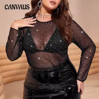 Весенне-летние женские сексуальные прозрачные топы с длинными рукавами и горячим бурением больших размеров L чёрный