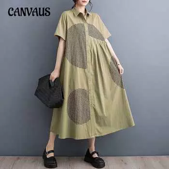 Весенне-летние женские свободные плиссированные платья-рубашки средней длины в стиле ретро с принтом большого размера One Size чёрный