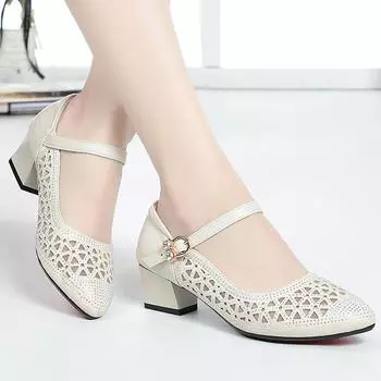 Весенне-летние женские тонкие дышащие сандалии из полой сетки, босоножки на среднем каблуке с баской, туфли-пещеры 40 белый