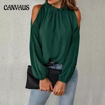 Весенне-летние женские топы, однотонная рубашка с листьями лотоса, круглый вырез, длинный рукав, термоусадочная плиссированная модная блузка с открытыми плечами S зелёный