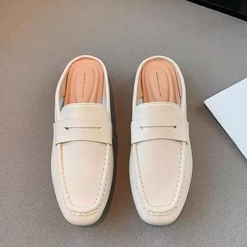Весенне-летние женские туфли без шнуровки, лоферы на плоской подошве, мокасины с закрытым носком, модные удобные туфли-лодочки из искусственной кожи с открытой спиной, шлепанцы, повседневная обувь 41 бежевый