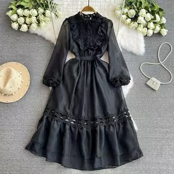 Весна Лето Женские Винтажные Черные Кружева Лоскутные Праздничные Платья Для Вечеринок M чёрный