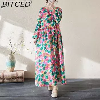 Весенне-летние женские винтажные длинные свободные хлопковые льняные платья больших размеров с цветочным принтом в праздничном стиле для путешествий и круглым вырезом L зелёный/красный