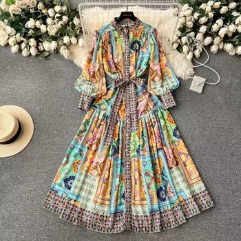 Весенне-летние женские винтажные свободные длинные макси-пляжные платья с винтажным принтом M
