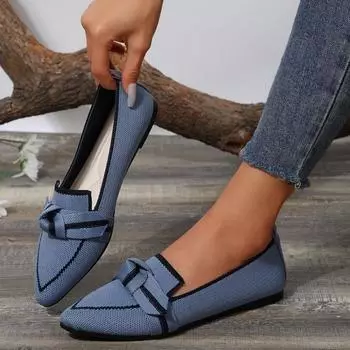 Весенне-летние женские вязаные туфли на плоской подошве с острым носком и бантом, повседневные дышащие одинарные туфли 36 синий