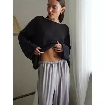 Весенне-летний ажурный свитер для женщин - Европейский и американский элегантный сексуальный мягкий и свободный вязаный с длинным рукавом накидка L чёрный