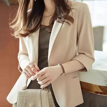 Весенне-летний блейзер Feminino с рукавами три четверти с зубчатыми карманами офисное женское пальто M бежевый