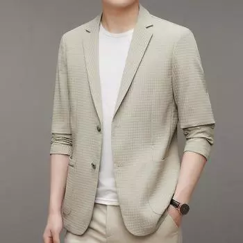 Весенне-летний дышащий и не требующий глажки эластичный клетчатый костюм из сирсакера для мужчин, тонкий повседневный однобортный костюм с верхом M
