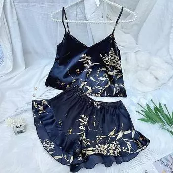 Весенне-летний дышащий комплект домашней одежды из ледяного шелка для женщин, модные женские пижамы с принтом S