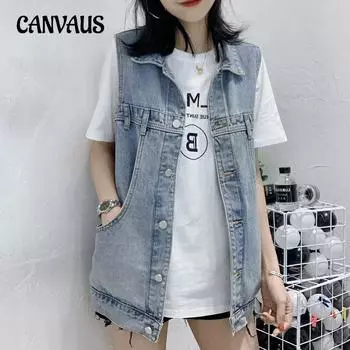 Весенне-летний джинсовый жилет, женский свободный жилет без рукавов средней длины, куртка Tide S серый/чёрный