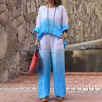 Весенне-летний градиент цвета, хлопковый льняной женский костюм с длинными рукавами, повседневный свободный простой модный длинный брюки с карманами, женский комплект из двух предметов XS