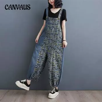 Весенне-летний и осенний женский рюкзак, брюки, свободные, большие размеры, рюкзак с ретро-принтом, повседневные джинсы, тонкий комбинезон L