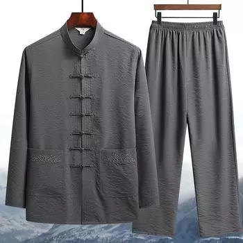 Весенне-летний комплект больших размеров, мужская повседневная дышащая льняная рубашка с пряжкой и брюки S темно серый