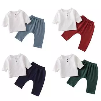 Весенне-летний комплект одежды для мальчиков 1-5 лет, повседневный удобный однотонный топ и брюки с длинными рукавами 80