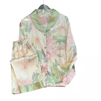 Весенне-летний комплект женской пижамы Ice Silk для дома, повседневная пижама, милые брюки с длинным рукавом, комплект для дома из шелка M