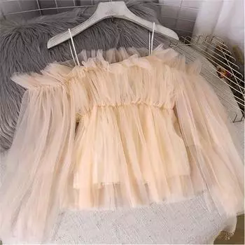 Весенне-летний короткий топ New Line с воротником без бретелек и расклешенными рукавами One Size фиолетовый