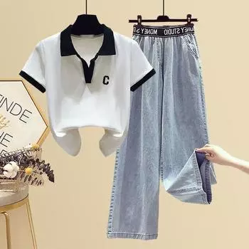 Весенне-летний костюм, женская рубашка-поло, женская футболка + свободные узкие широкие брюки, комплект из двух предметов XS белый