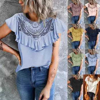 Весенне-летний кружевной женский жилет с рюшами и круглым воротником, свободный женский топ S чёрный