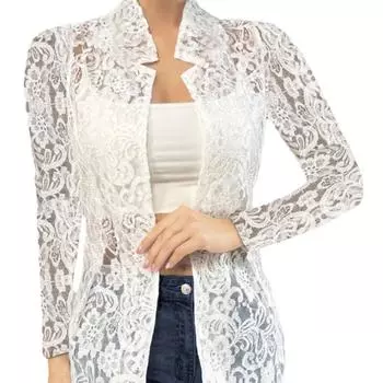 Весенне-летний маленький костюм, модная и универсальная однотонная рубашка с длинными рукавами и ажурным узором S белый