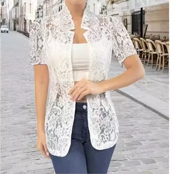 Весенне-летний маленький костюм, модная и универсальная однотонная рубашка с короткими рукавами и ажурным узором S белый