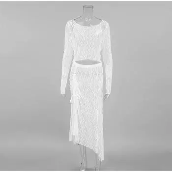 Весенне-летний модный и сексуальный комплект из двух частей: прозрачный атласный кружевной топ с длинными рукавами и юбка с заниженной талией S белый