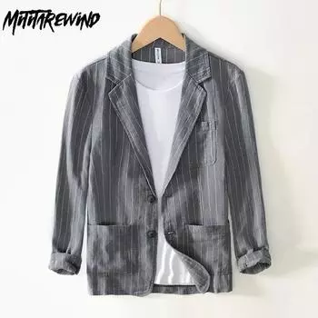 Весенне-летний мужской костюм и блейзер, повседневные повседневные куртки из хлопка и льна, свободное пальто в полоску, молодежная мужская одежда в стиле ретро M чёрный