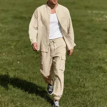 Весенне-летний мужской льняной комплект с длинным рукавом на пуговицах и брюками, модный, повседневный, дышащий, быстросохнущий, комплект из 2 предметов S хаки