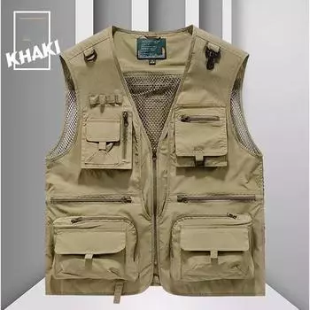 Весенне-летний мужской жилет для активного отдыха, легкий жилет для фотосъемки, повседневный сетчатый жилет с V-образным вырезом и несколькими карманами, тактический жилет, верхняя одежда XXXXXL чёрный