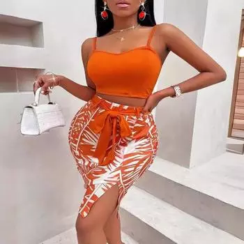 Весенне-летний новый комплект с поясом и принтом на бретельках, юбка до половины тела S оранжевый