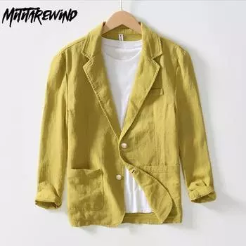 Весна и лето новый мужской пиджак дышащий хлопковый лен костюм и пиджаки пригородные однотонные приталенные повседневные куртки молодежная корейская мода мужская одежда M хаки