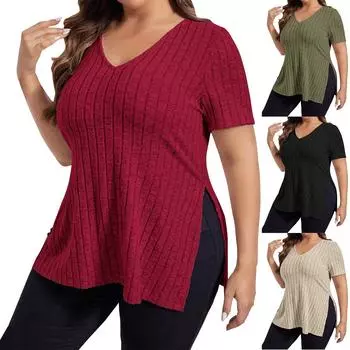 Весенне-летний новый однотонный большой женский топ с v-образным вырезом, полосатый пуловер с короткими рукавами и футболкой XL чёрный