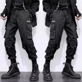 Весенне-летний новый стиль, модные тонкие брюки-десантники, мужские свободные спортивные брюки больших размеров в стиле хип-хоп с несколькими карманами, мужские комбинезоны S чёрный