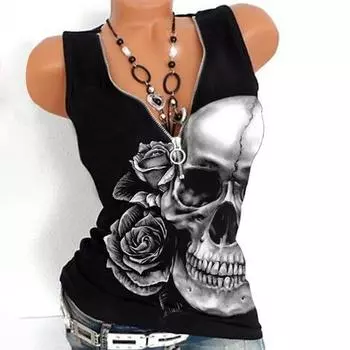 Весенне-летний новый женский базовый топ с v-образным вырезом и принтом черепа, прямая молния, футболка с вышивкой L
