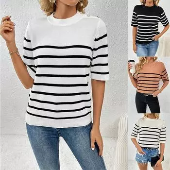 Весенне-летний новый женский пуловер на пуговицах в полоску, модный женский трикотаж с круглым вырезом и короткими рукавами S белый