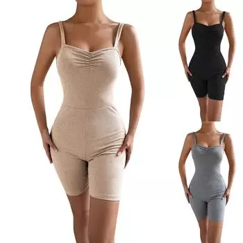 Весенне-летний однотонный сексуальный комбинезон с вязаными подтяжками L бежевый