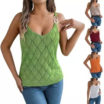 Весенне-летний однотонный вязаный свитер с v-образным вырезом и полой металлической пряжкой на подтяжках для женщин на отдыхе L зелёный