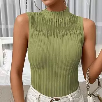 Весенне-летний однотонный вязаный топ без рукавов с высоким воротником и жилет S розовый