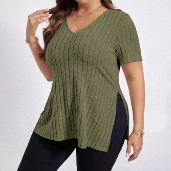 Весенне-летний однотонный женский топ больших размеров с v-образным вырезом и короткими рукавами, пуловер с разрезом, футболка 5XL чёрный
