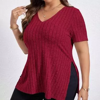 Весенне-летний однотонный женский топ больших размеров с v-образным вырезом и короткими рукавами, пуловер с разрезом, футболка 5XL чёрный