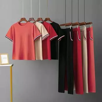 Весенне-летний оранжевый повседневный вязаный комплект из двух предметов, женская футболка с коротким рукавом, спортивные костюмы, брюки, трикотаж, комплекты из 2 предметов One Size чёрный