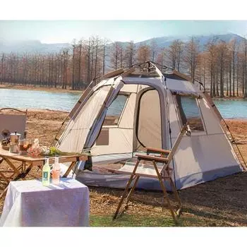 Весенне-летний отдых на природе, кемпинг, четырехдверная панорамная палатка с двойным окном, вентиляция, солнцезащитная водонепроницаемая шестиугольная автоматическая палатка 290*210*150cm