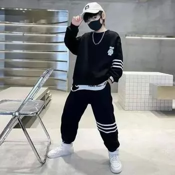 Весенний повседневный костюм для мальчиков из толстовки с принтом и брюк 170 чёрный