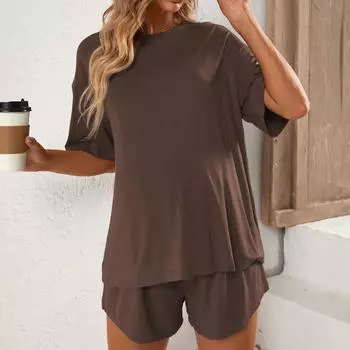 Весенне-летний простой однотонный комплект домашней одежды для пригородных поездок, который можно носить вне повседневных шорт, комплект из двух предметов XL коричневый