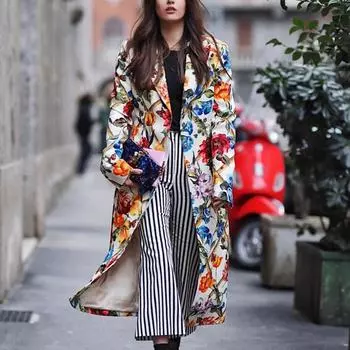 Весенне-летний стиль «рыбий хвост» с принтом на лацканах без пояса, черное свободное пальто в китайском стиле S