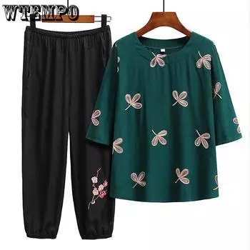 Весенне-летний свободный брючный костюм большого размера из хлопка и льна, женская футболка среднего и пожилого возраста с половиной рукавов, блузка с вышивкой, брючный костюм XL зелёный