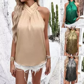 Весенне-летний темпераментный однотонный плиссированный топ без рукавов с воротником S зелёный