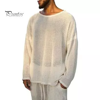 Весенне-летний топ унисекс, вязаный ажурный сплошной цвет, тонкий эластичный пуловер с длинными рукавами и круглым вырезом, хорошая воздухопроницаемость, отпускная футболка L белый