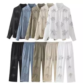 Весенне-летний товар, женская стильная рубашка с отложным воротником и вышитым бисером, прямые брюки с высокой талией L