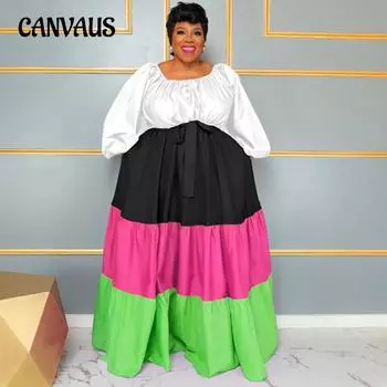 Весенне-летний тренд с цветными блоками, плиссированное женское модное свободное платье с круглым вырезом и длинными рукавами больших размеров XL чёрный